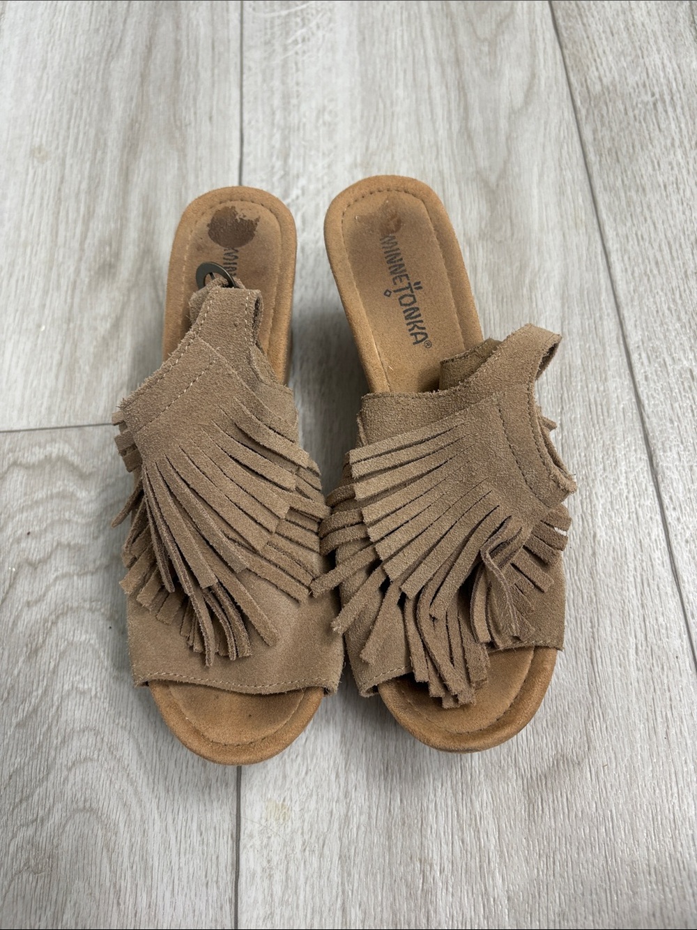 Minnetonka Tan Suede Fringe heels